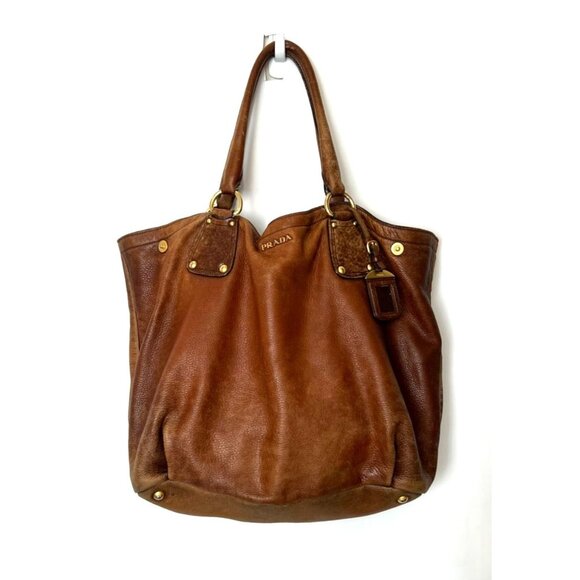 Vintage Prada Cervo Antik Tobacco Leather Shoulder Bag Double Handle - Picture 1 of 16